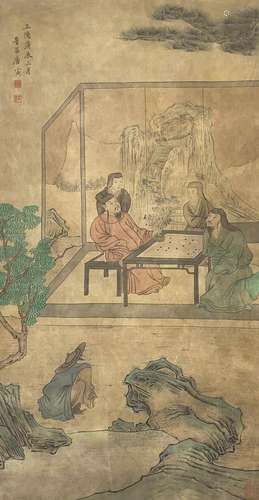 A CHINESE FIGURE PAINTING, INK AND COLOR ON PAPER, TANG BOHU...