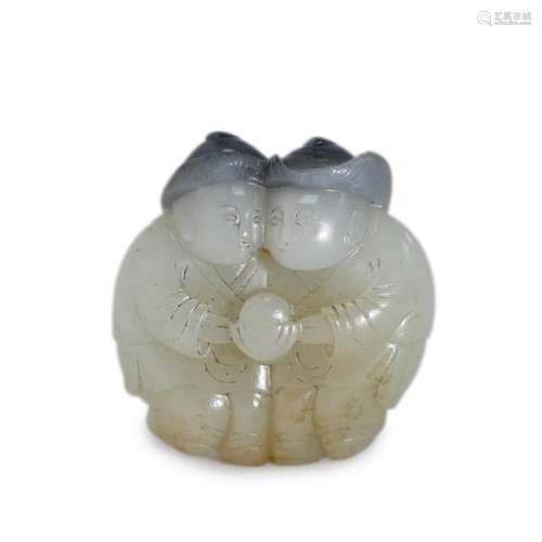 A WHITE AND BLACK JADE TWO IMMORTALS ORNAMENT