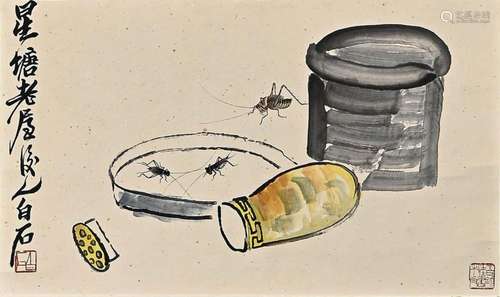 A CHINESE INSECT PAINTING, FRAMED, INK AND COLOR ON PAPER, S...