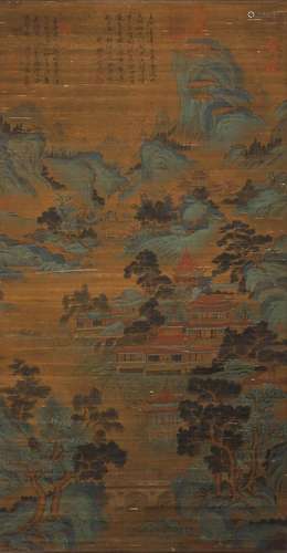 A CHINESE LANDSCAPE SILK SCROLL PAINTING, CHOUYING MARK