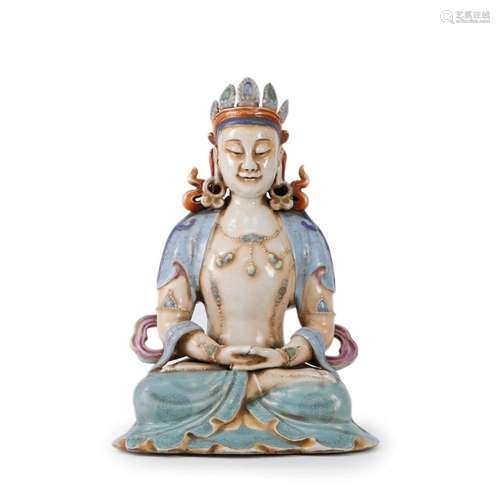 A FAMILLE ROSE FIGURE OF SEATED BODHISATTVA