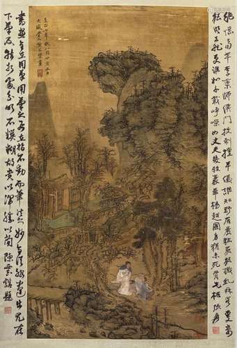 A CHINESE LANDSCAPE PAINTING, INK AND COLOR ON SILK, ATTRIBU...