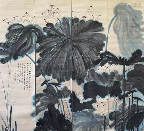 A CHINESE LOTUS POND PAINTING PAPER SCROLL, ZHANG DAQIAN MAR...