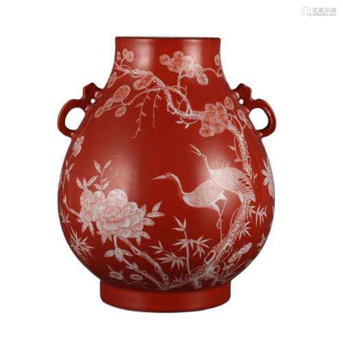 AN IRON-RED PINE CRANE ZUN VASE