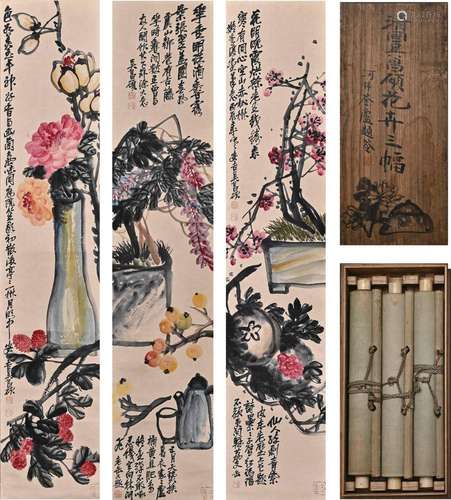 A CHINESE FLOWER PAINTING, THREE PIECES, WU CHANGSHUO MARK, ...