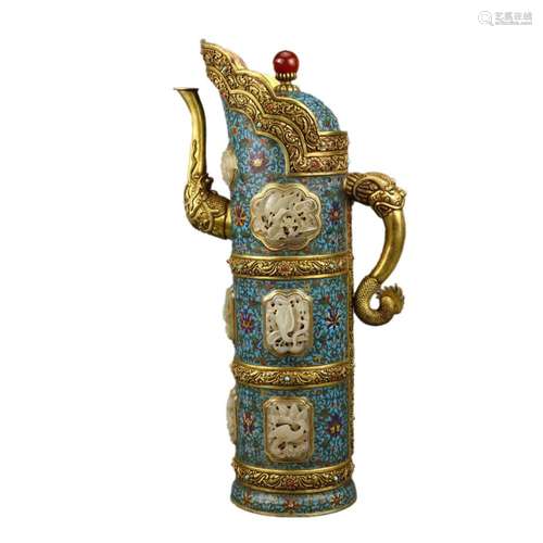 A JADE INLAID CLOISONNE ENAMEL BAMBOO JUG