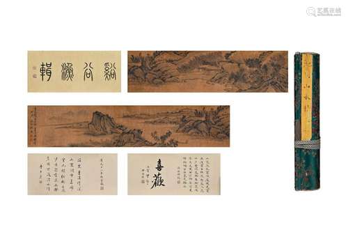 A CHINESE LANDSCAPE PAINTING, HAND SCROLL, INK AND COLOR ON ...