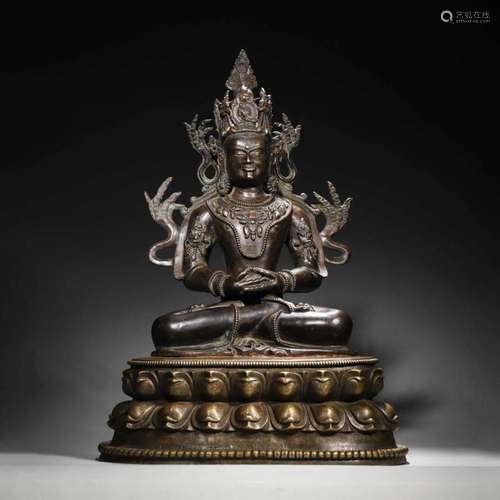 A SILVER-INLAID COPPER AMITABHA BUDDHA STATUE