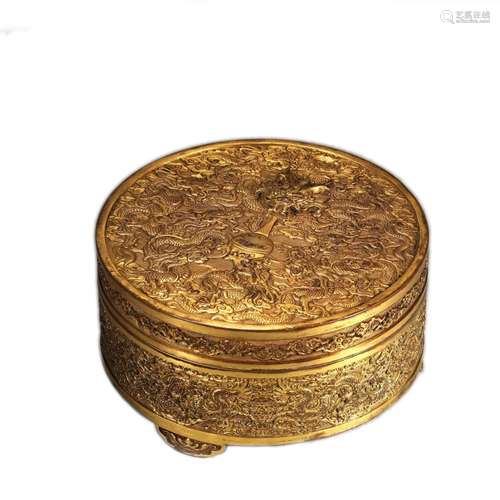 A DRAGON PATTERNED THREE-LEGGED GILDING COPPER BOX, QIANLONG...