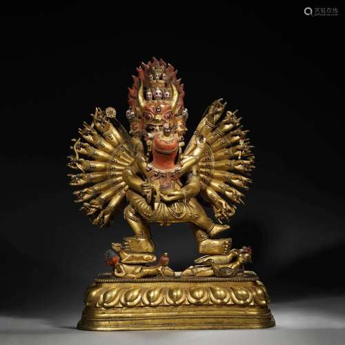 A GILDING COPPER YAMANTAKA STATUE