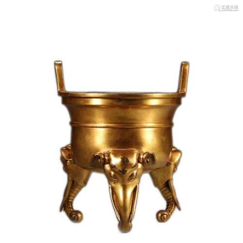 A DOUBLE-EARED GILDING COPPER CENSER, XUANDE PERIOD MARK