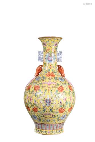 A YELLOW GROUND FLORAL VASE