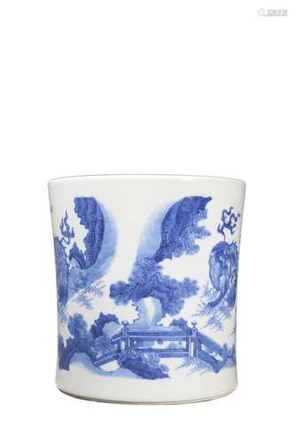 A BLUE AND WHITE MYTHICAL BEAST BRUSH POT