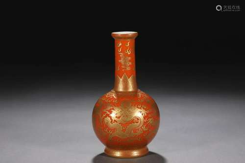 A RED-GROUND AND GILT-DECORATED DRAGON BOTTLE VASE