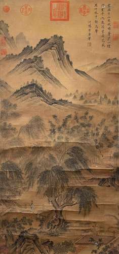 A CHINESE LANDSCAPE PAINTING, INK AND COLOR ON SILK, HANGING...