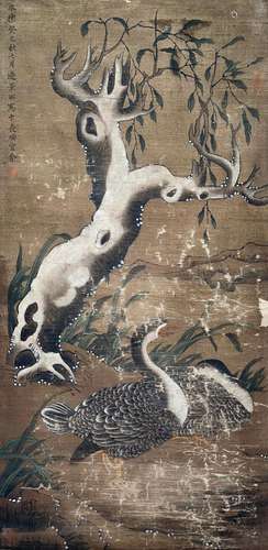 A CHINESE GOOSE PAINTING, INK AND COLOR ON SILK, BIAN JINGZH...