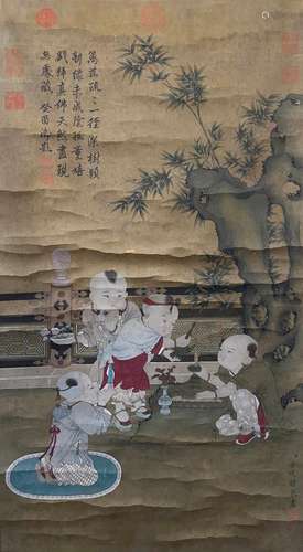 A CHINESE BOYS PLAYING PAINTING, INK AND COLOR ON SILK, HANG...