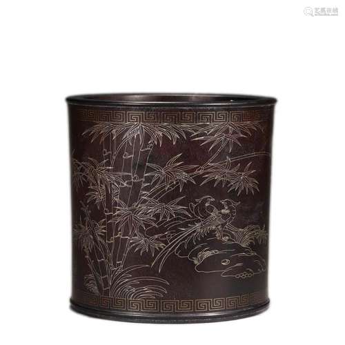 A SILVER-INLAID BIRD AND FLOWER RED SANDALWOOD BRUSH POT