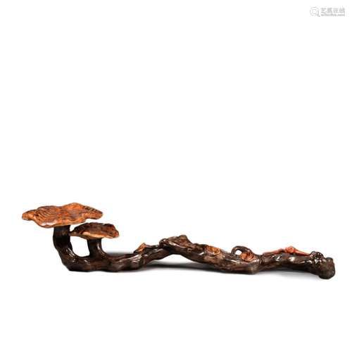 A WOODEN BIONIC LINGZHI RUYI ORNAMENT