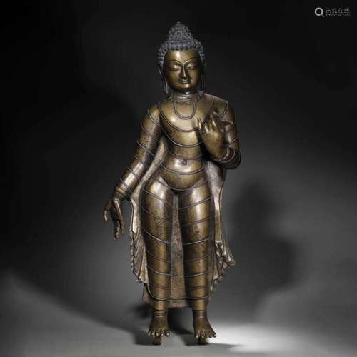 A SILVER-INLAID COPPER SAKYAMUNI BUDDHA STATUE