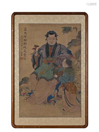 A CHINESE EMPEROR PAINTING, SILK MOUNTED, WOOD FRAMED, KANGX...