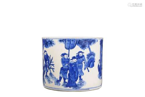 A BLUE AND WHITE FIGURE STORY BRUSH POT