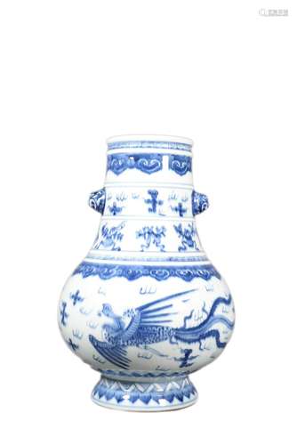 A BLUE AND WHITE PHOENIX BEAST-EARS ZUN VASE