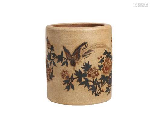 A ZISHA FLOWER BIRD BRUSH POT