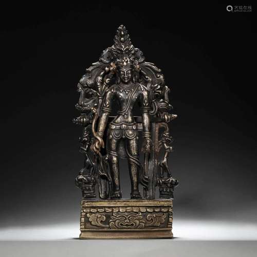 A SILVER-INLAID COPPER GUANYIN BODHISATTVA STATUE