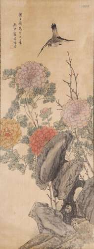 A CHINESE FLOWER BIRD PAINTING, INK AND COLOR ON SILK, JIANG...