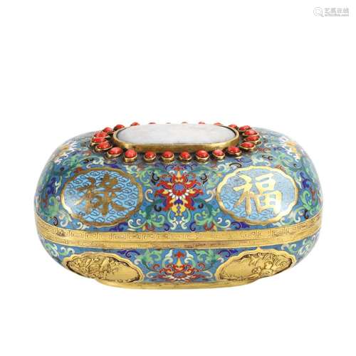 A GILT BRONZE CLOISONNE ENAMEL INTERLOCKING LOTUS BOX AND CO...