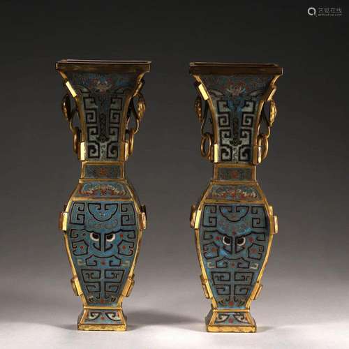 A PAIR OF BEAST FACE PATTERNED CLOISONNE VASES, QIANLONG PER...