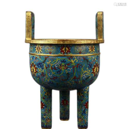 A CLOISONNE ENAMEL LOTUS TRIPOD CENSER