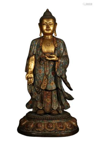 A GILT BRONZE CLOISONNE ENAMEL FIGURE OF SHAKYAMUNI