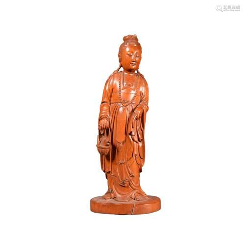 A BOXWOOD CARVED FIGURE OF GUANYIN