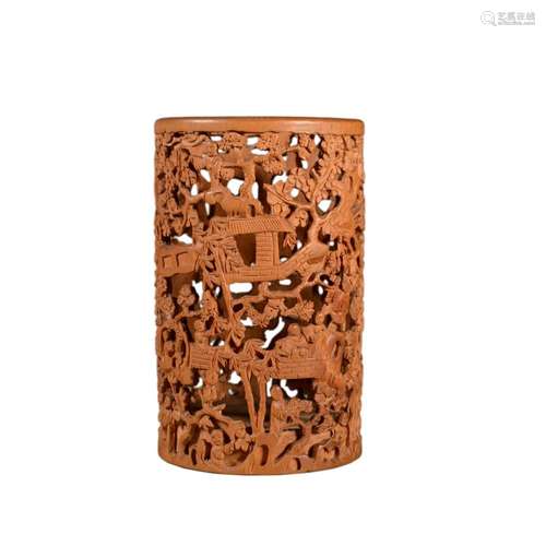 A BOXWOOD CARVED FIGURE LANDSCAPE OPENWORK BRUSH POT