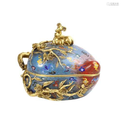 A GILT BRONZE CLOISONNE ENAMEL PEACH BOX AND COVER