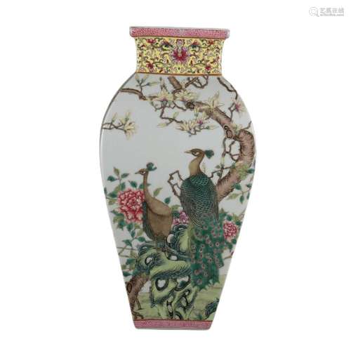 A FAMILLE ROSE FLOWER BIRD ZUN VASE