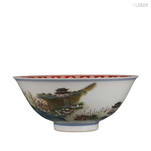 A FAMILLE ROSE LANDSCAPE BOWL