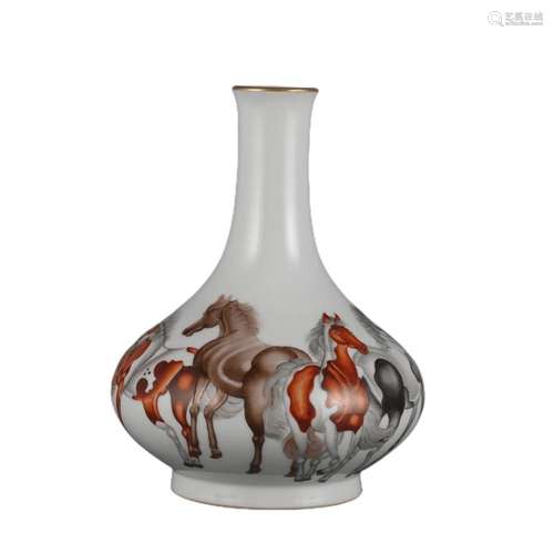 A FAMILLE ROSE HORSES VASE