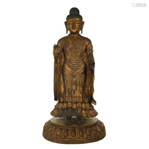 A BRONZE GOLD-PAINTED FIGURE OF BUDDHA