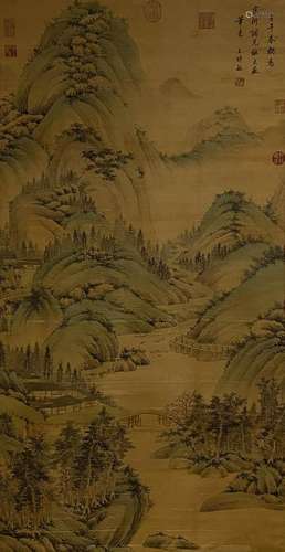 A CHINESE LANDSCAPE PAINTING, INK AND COLOR ON SILK, HANGING...