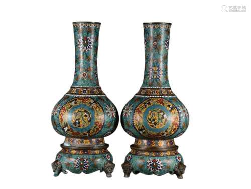 A PAIR OF BRONZE CLOISONNE ENAMEL FLOWER BIRD VASES