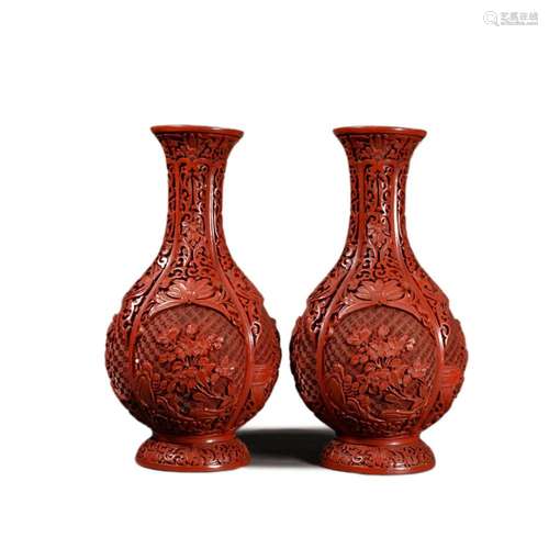 A PAIR OF CINNABAR LACQUER FLOWER VASES