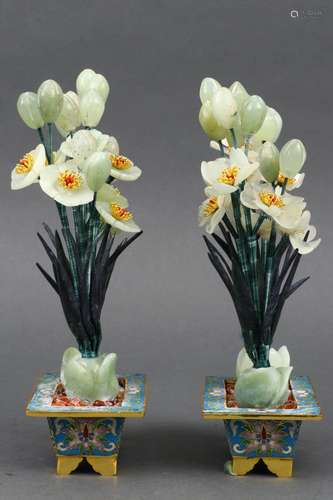 A PAIR OF CLOISONNE ENAMEL MAGNOLIA BONSAIS