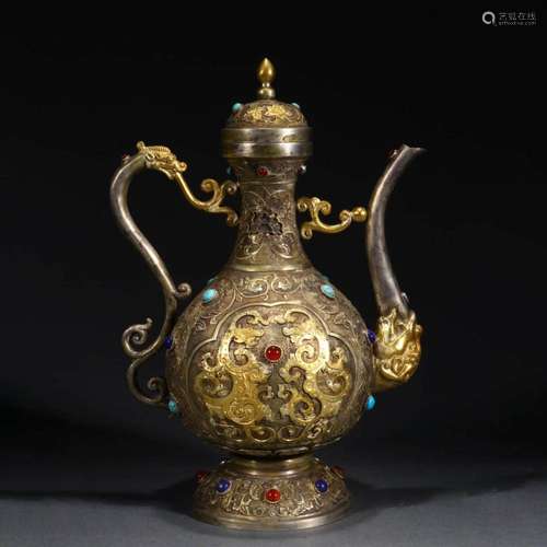 A GEMS INLAID GILT-BRONZE DRAGON EWER