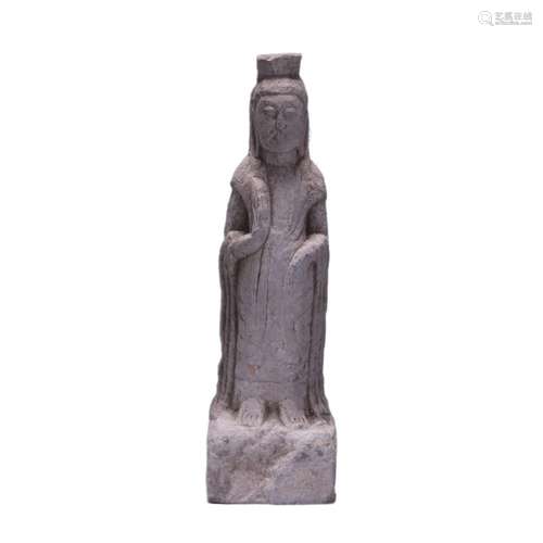 A STONE CARVED FIGURE OF GUANYIN