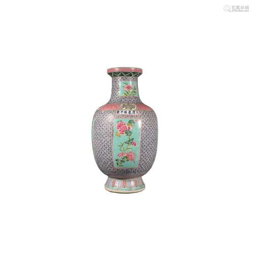 A FAMILLE ROSE FLOWER PANEL ROULEAU VASE