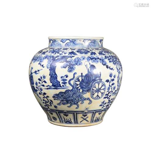 A BLUE AND WHITE FIGURE STORY JAR