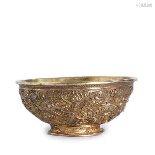 A GIT BRONZE GOLD CARVED DRAGON BOWL, QIANLONG MARK